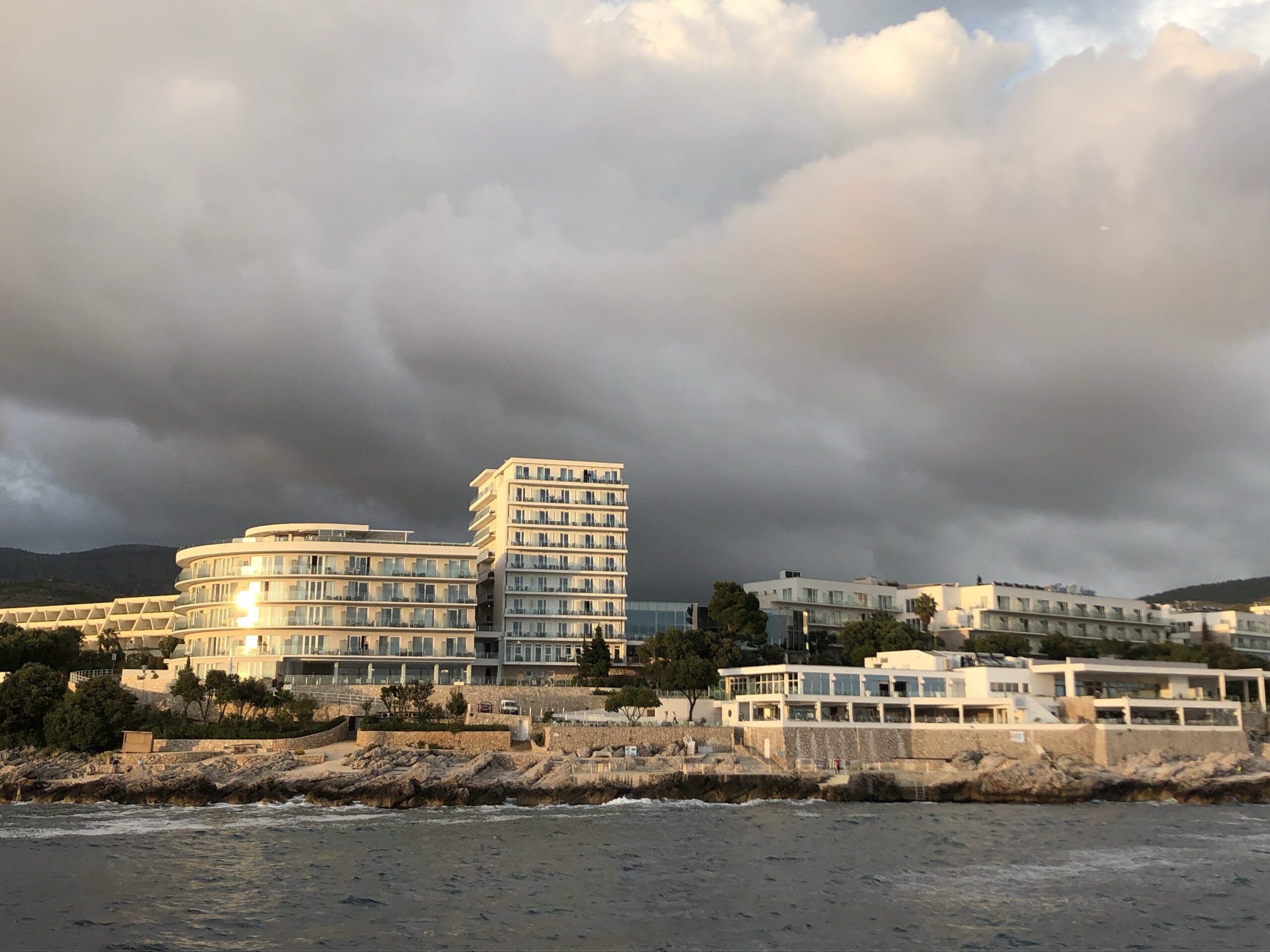 View of Royal Blue Hotel in Dubrovnik from a boat on the Adriatic Sea
